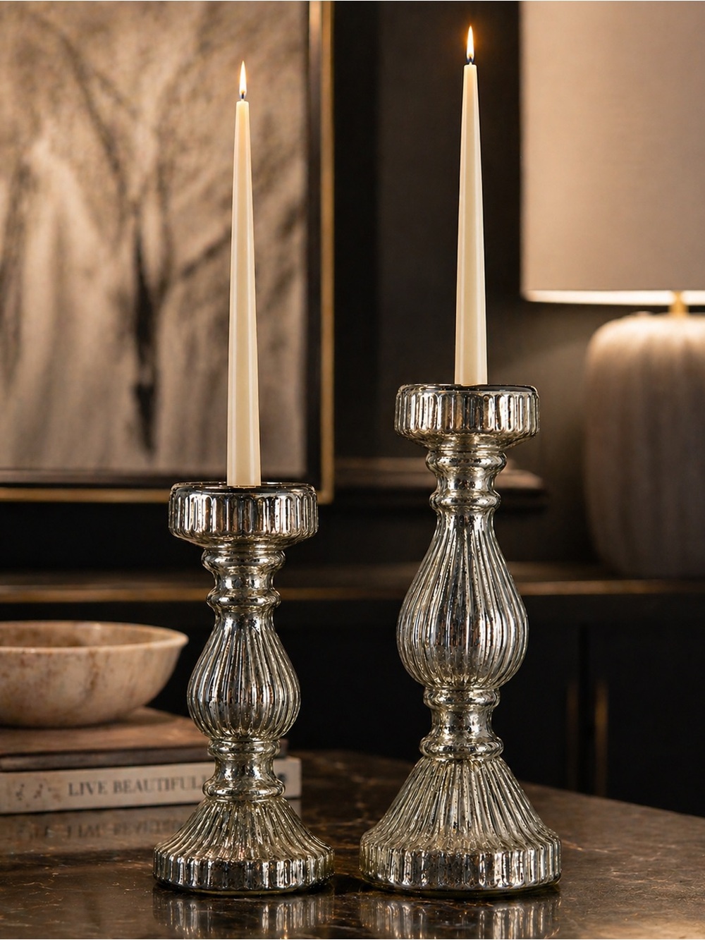 Mercury Glass Candlestick 2-pcs Sculptural Antiqued Silvered Holders#0420269